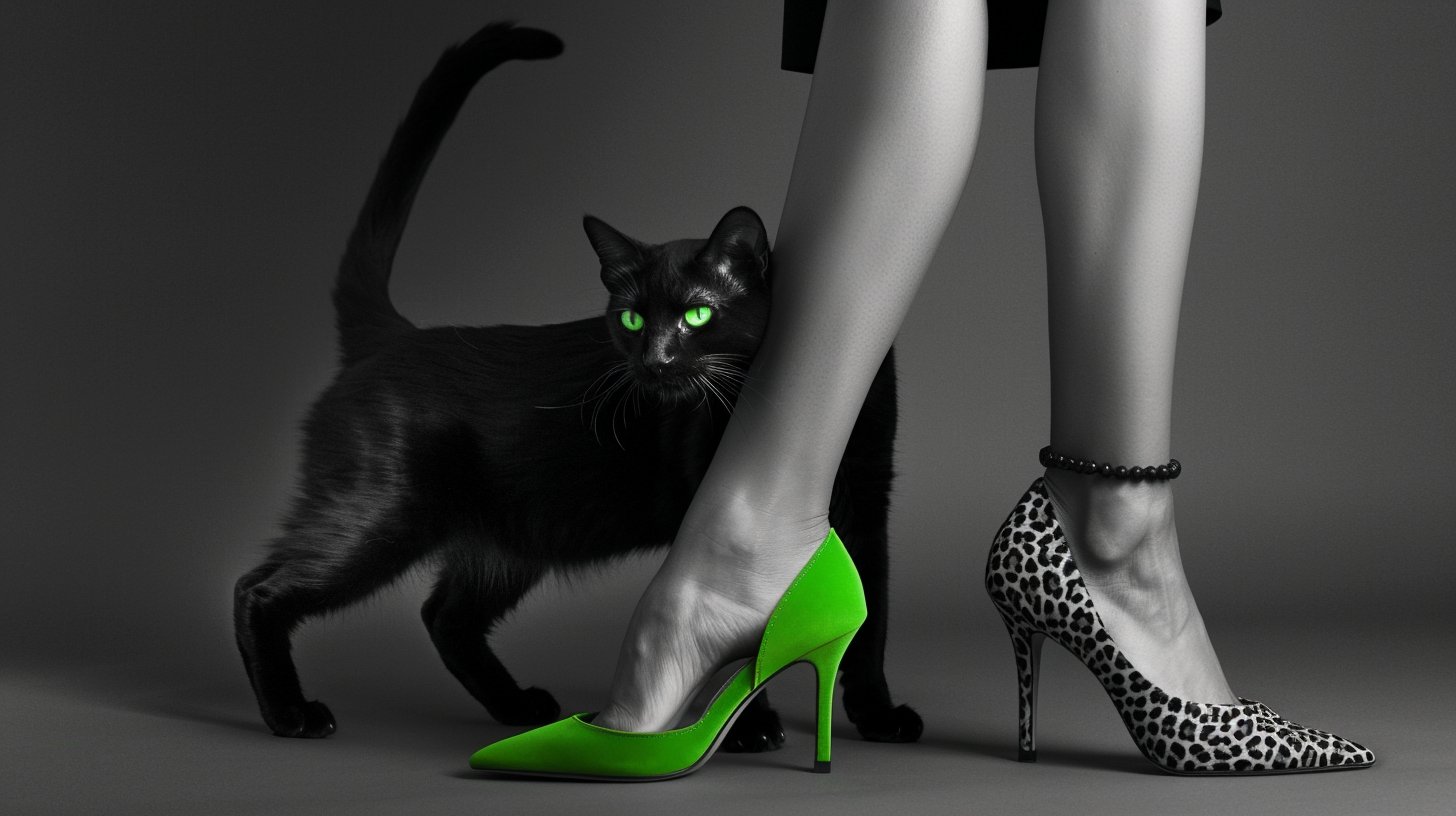 A black cat with green eyes brushing past a woman&rsquo;s legs, one foot in a green heel and one in leopard print.