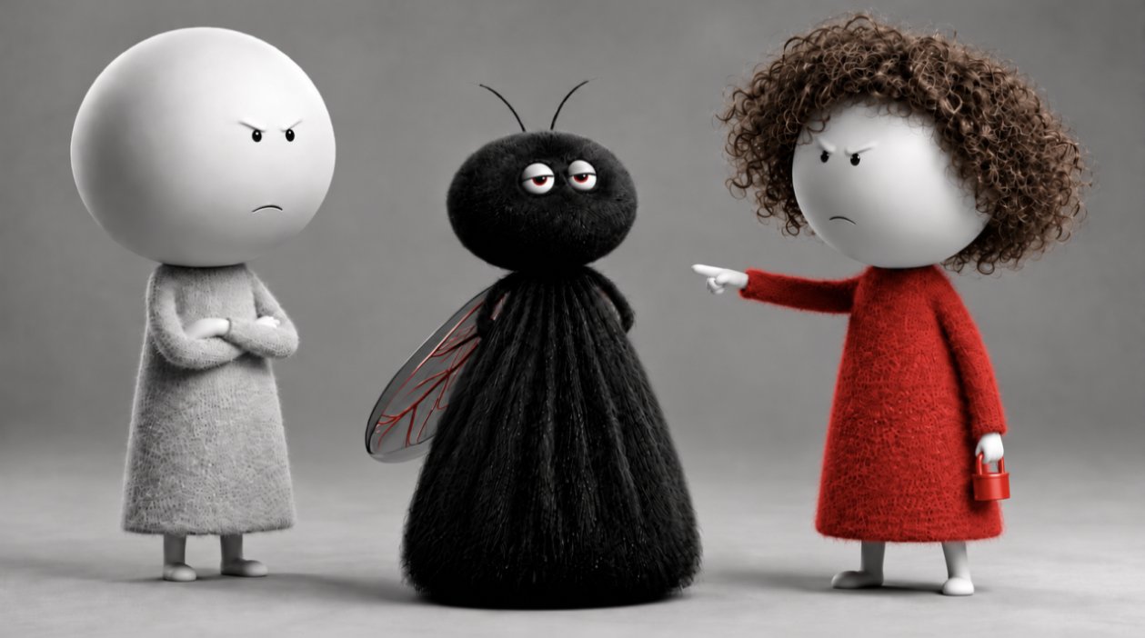 Two frowning figures, one pointing, and a sleepy fly standing between them.